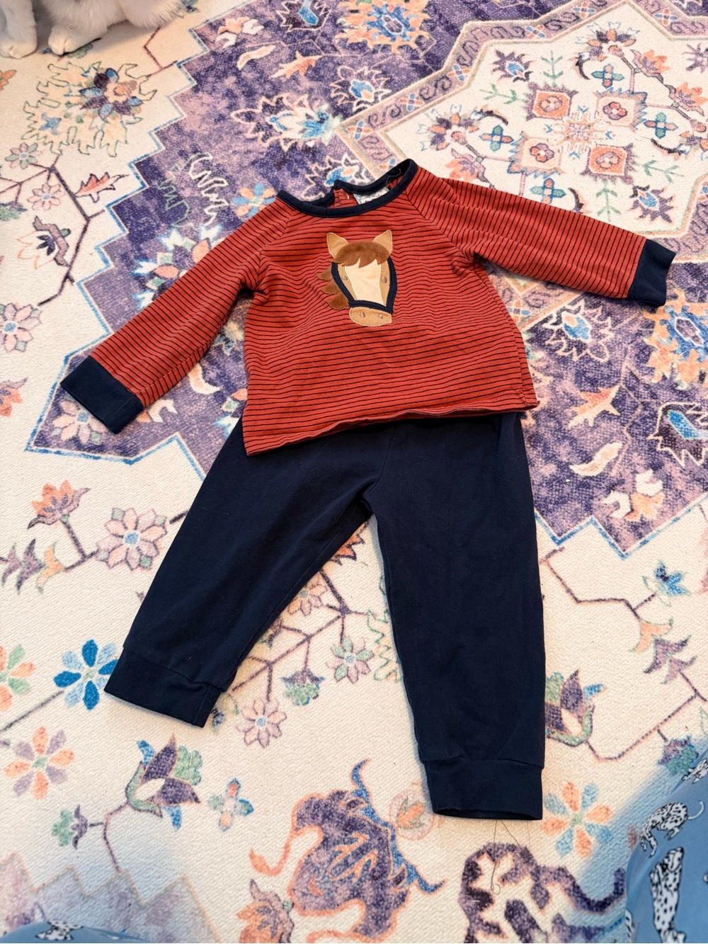 Three Sisters Striped Red & Navy Baby Set with Horse Applique